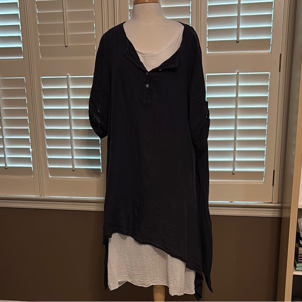 Blue Asymmetrical High-Low Dress with Dolman Sleeves